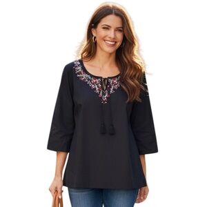 DKNY Jeans‎ Black Cotton Embroidered Blouse Shirt